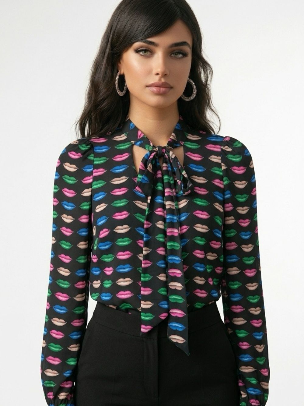 MILLY | Lip Print Tie Neck Black & Multicolor Lipstick Blouse Women’s Size 4